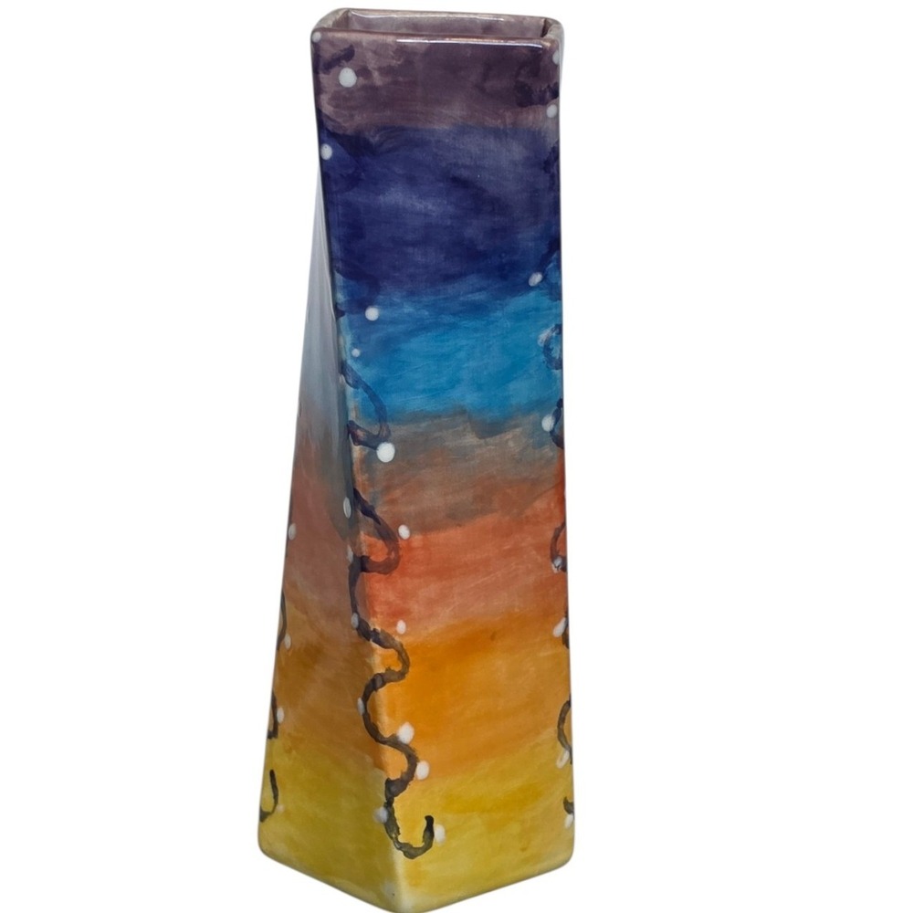 Hand Made Ceramic Twisted Rainbow Vase Artisan Studio Pottery Signed 2014 9.5in